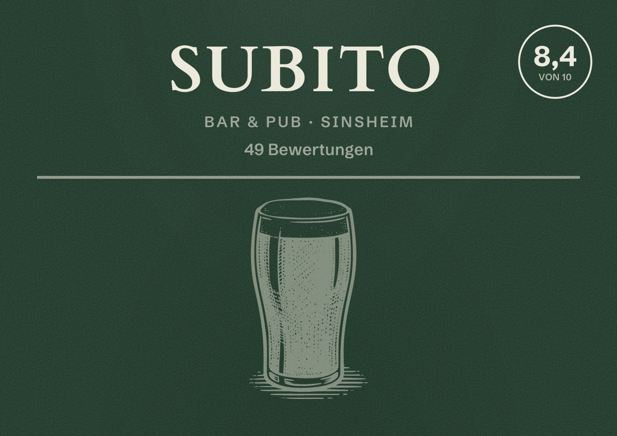Illustriertes Poster von Subito, Bar & Pub in Sinsheim: Bewertung 8,4 von 10 aus 49 Bewertungen