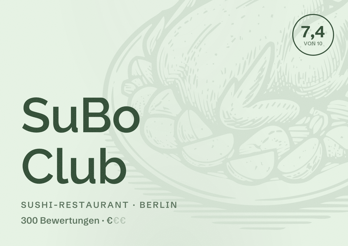 Illustriertes Poster von SuBo Club, Sushi-Restaurant in Berlin: Bewertung 7,4 von 10 aus 300 Bewertungen, Preisniveau €