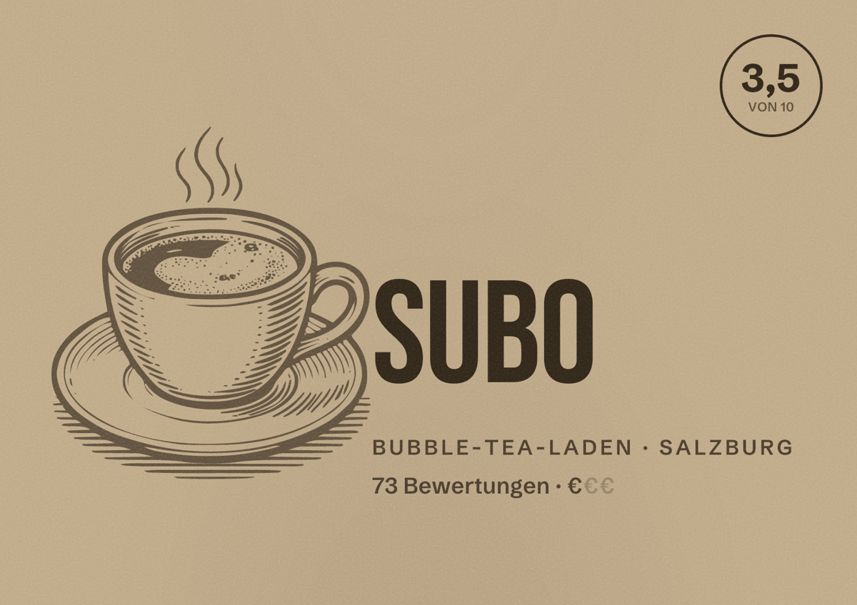 Illustriertes Poster von SUBO, Bubble-Tea-Laden in Salzburg: Bewertung 3,5 von 10 aus 73 Bewertungen, Preisniveau €