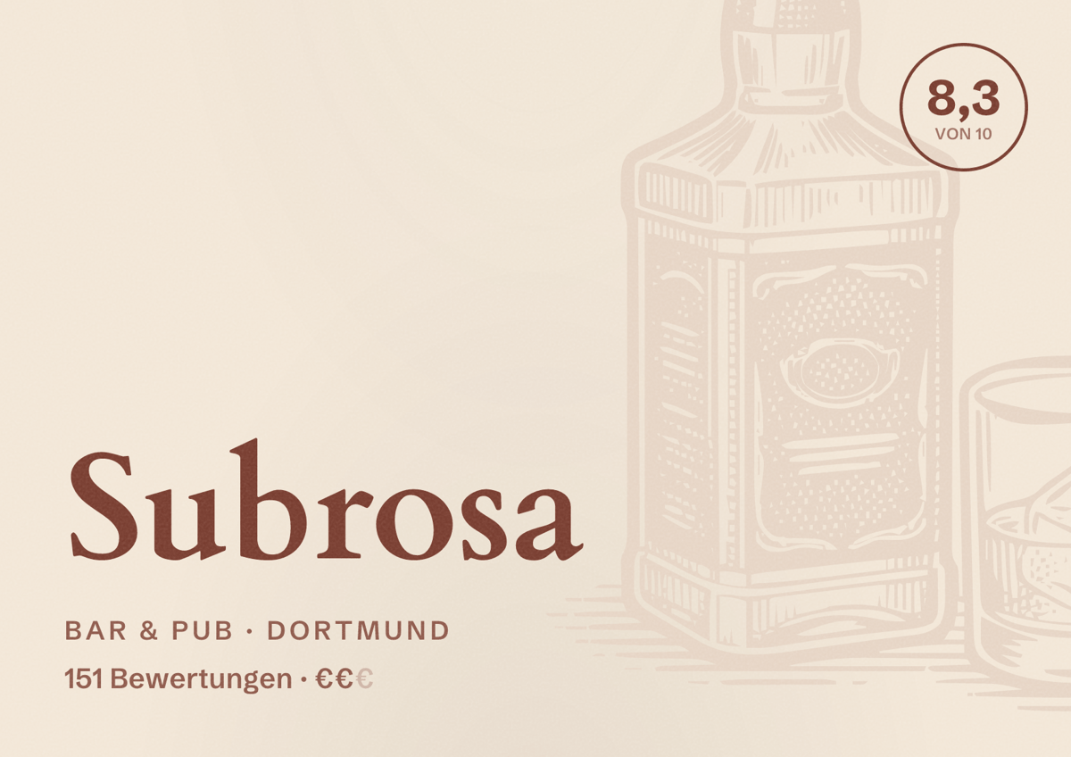 Illustriertes Poster von Subrosa, Bar & Pub in Dortmund: Bewertung 8,3 von 10 aus 151 Bewertungen, Preisniveau €€