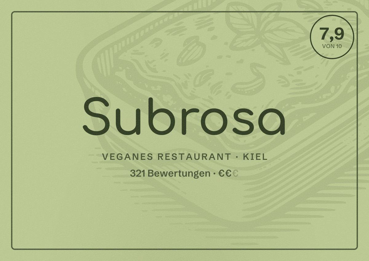 Illustriertes Poster von Subrosa, Veganes Restaurant in Kiel: Bewertung 7,9 von 10 aus 321 Bewertungen, Preisniveau €€