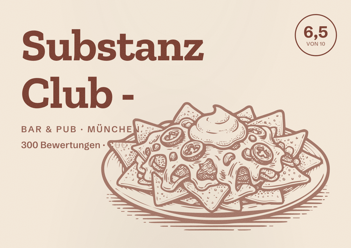 Illustriertes Poster von Substanz Club -, Bar & Pub in München: Bewertung 6,5 von 10 aus 300 Bewertungen, Preisniveau €