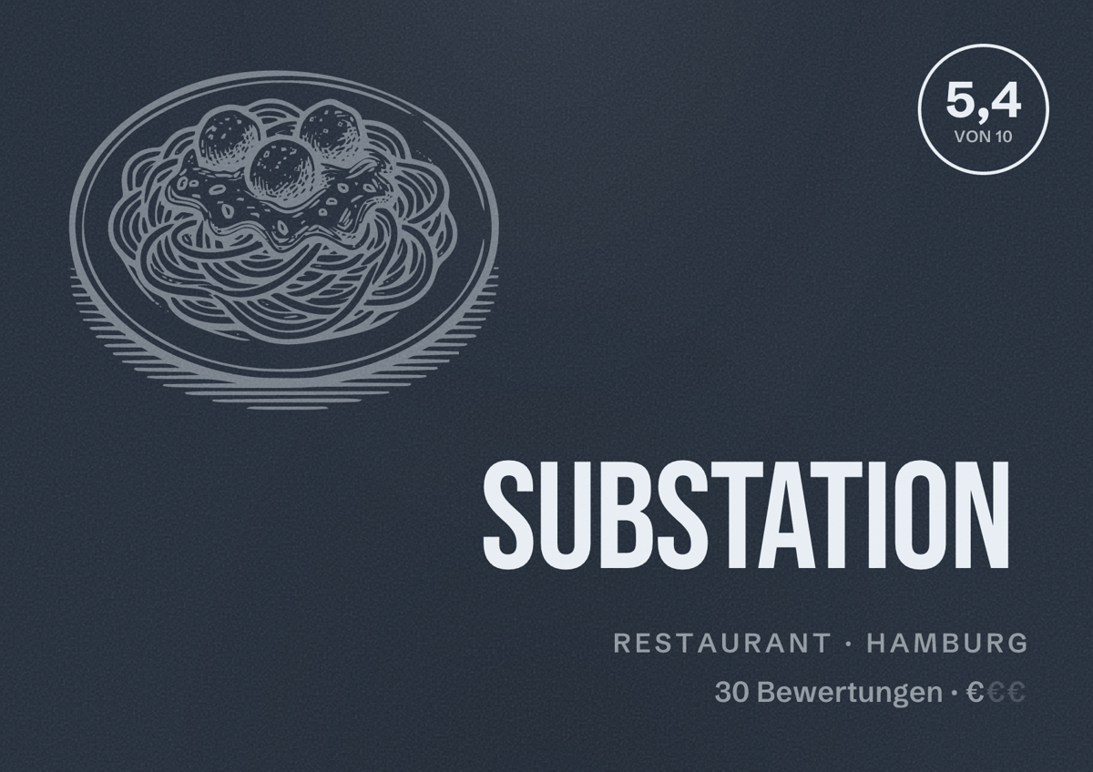 Illustriertes Poster von SubStation, Restaurant in Hamburg: Bewertung 5,4 von 10 aus 30 Bewertungen, Preisniveau €