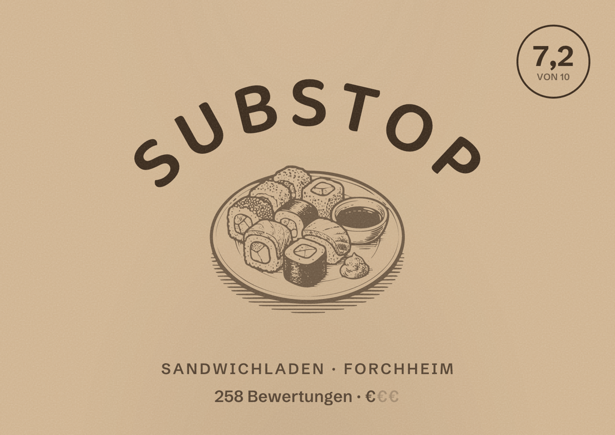 Illustriertes Poster von SubStop, Sandwichladen in Forchheim: Bewertung 7,2 von 10 aus 258 Bewertungen, Preisniveau €