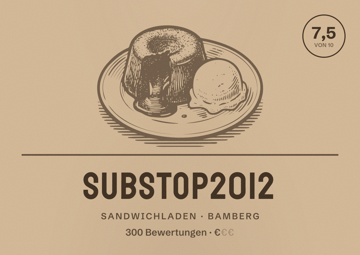 Illustriertes Poster von SubStop2012, Sandwichladen in Bamberg: Bewertung 7,5 von 10 aus 300 Bewertungen, Preisniveau €