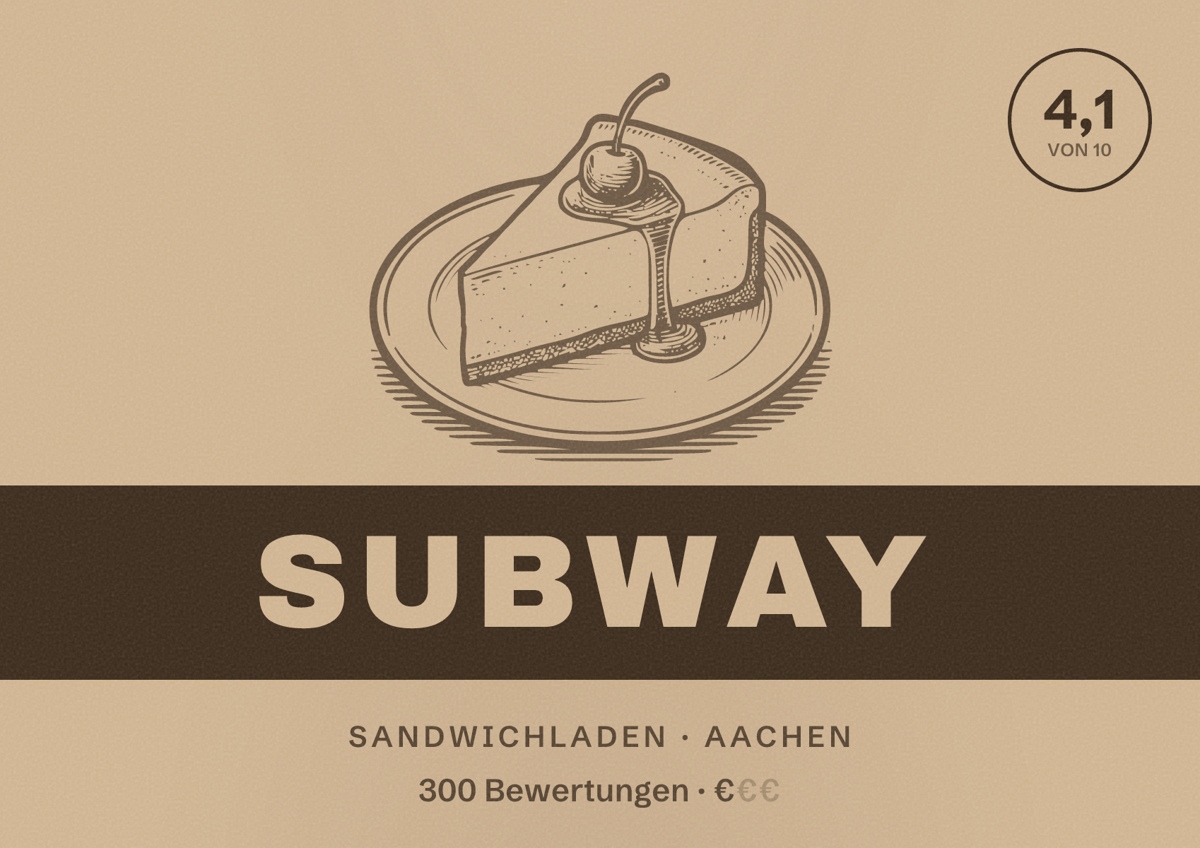 Illustriertes Poster von Subway, Sandwichladen in Aachen: Bewertung 4,1 von 10 aus 300 Bewertungen, Preisniveau €