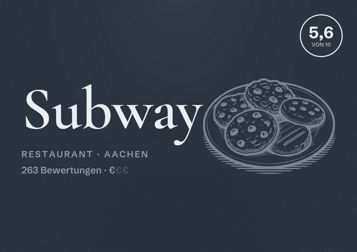 Illustriertes Poster von Subway, Restaurant in Aachen: Bewertung 5,6 von 10 aus 263 Bewertungen, Preisniveau €