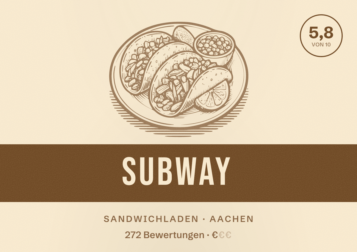 Illustriertes Poster von Subway, Sandwichladen in Aachen: Bewertung 5,8 von 10 aus 272 Bewertungen, Preisniveau €