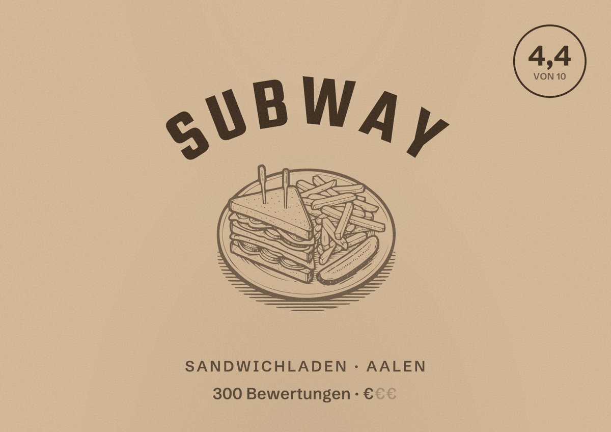 Illustriertes Poster von Subway, Sandwichladen in Aalen: Bewertung 4,4 von 10 aus 300 Bewertungen, Preisniveau €