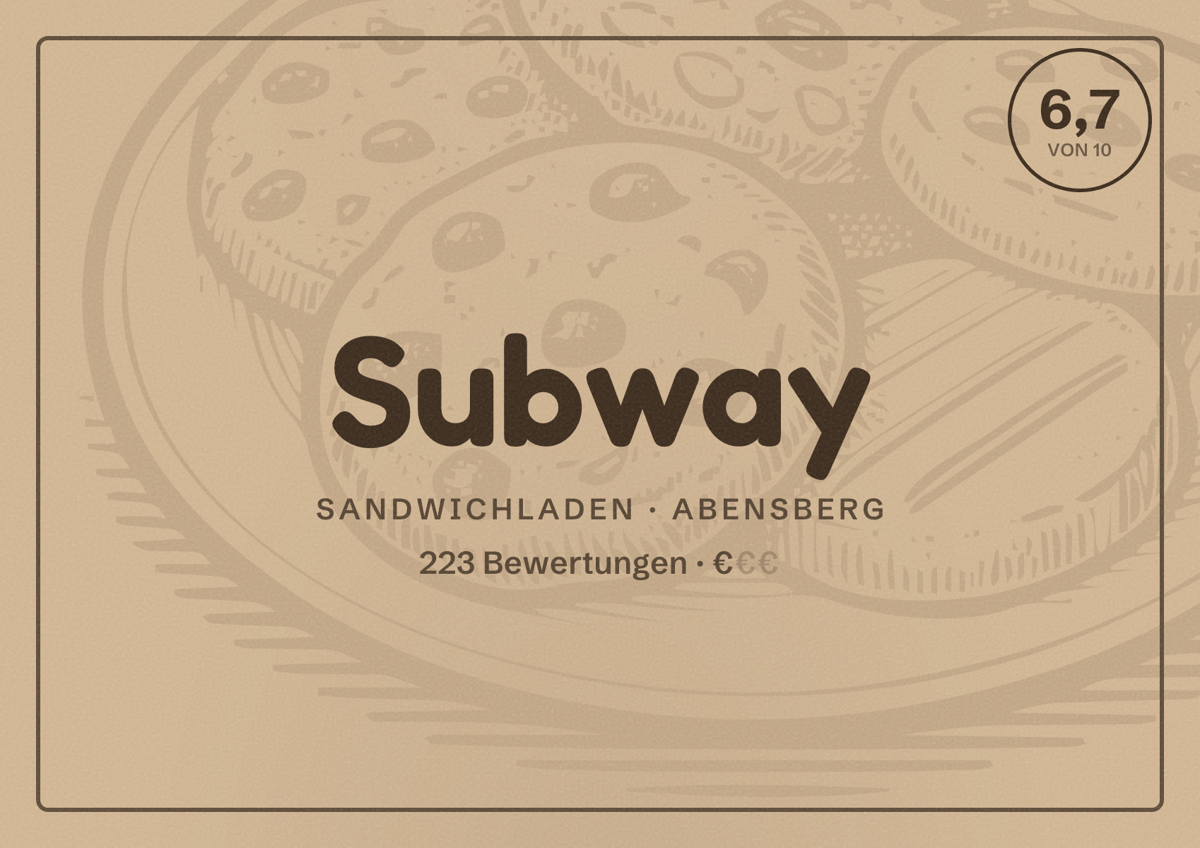 Illustriertes Poster von Subway, Sandwichladen in Abensberg: Bewertung 6,7 von 10 aus 223 Bewertungen, Preisniveau €