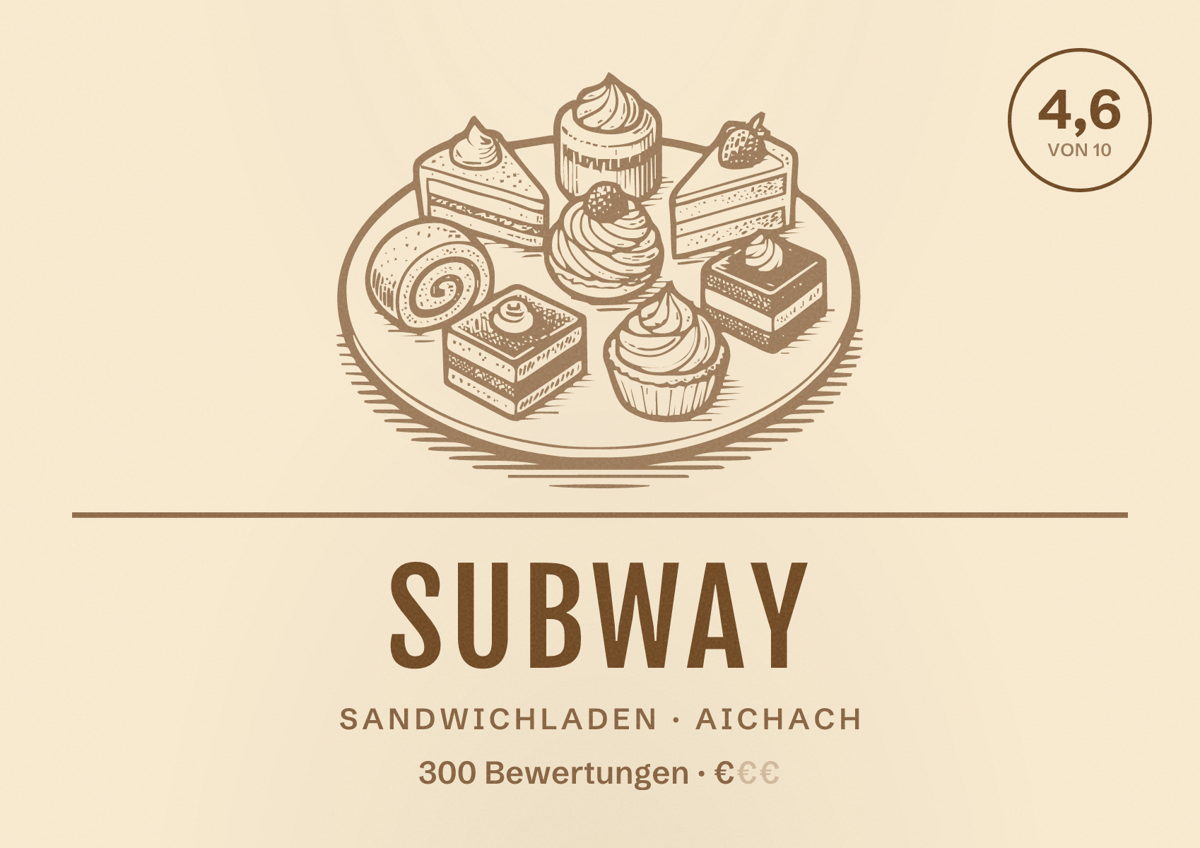 Illustriertes Poster von Subway, Sandwichladen in Aichach: Bewertung 4,6 von 10 aus 300 Bewertungen, Preisniveau €