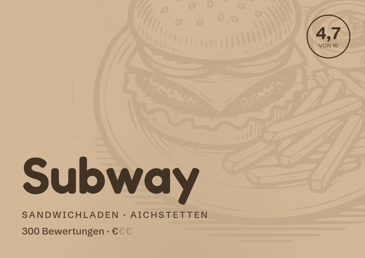 Illustriertes Poster von Subway, Sandwichladen in Aichstetten: Bewertung 4,7 von 10 aus 300 Bewertungen, Preisniveau €