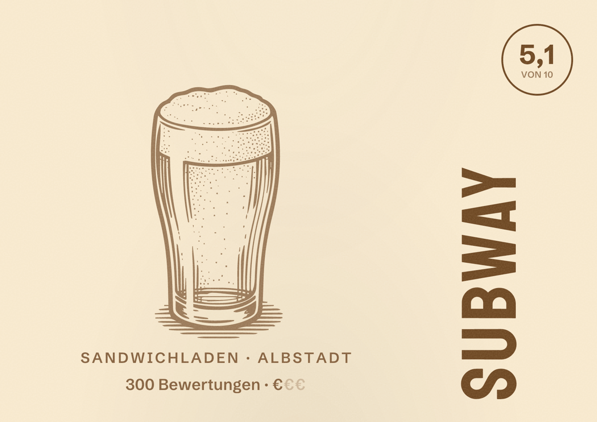 Illustriertes Poster von Subway, Sandwichladen in Albstadt: Bewertung 5,1 von 10 aus 300 Bewertungen, Preisniveau €