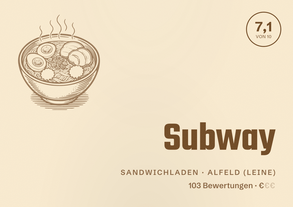 Illustriertes Poster von Subway, Sandwichladen in Alfeld (Leine): Bewertung 7,1 von 10 aus 103 Bewertungen, Preisniveau €