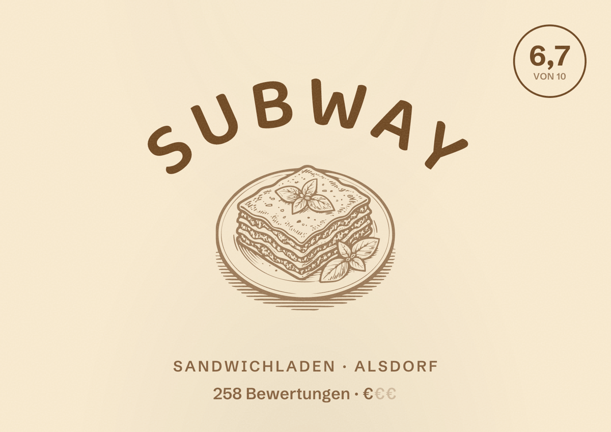Illustriertes Poster von Subway, Sandwichladen in Alsdorf: Bewertung 6,7 von 10 aus 258 Bewertungen, Preisniveau €