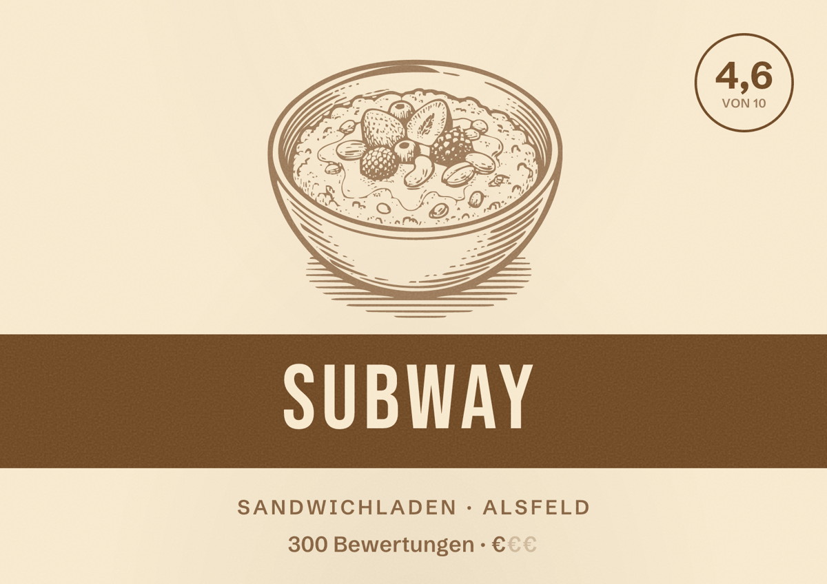 Illustriertes Poster von Subway, Sandwichladen in Alsfeld: Bewertung 4,6 von 10 aus 300 Bewertungen, Preisniveau €