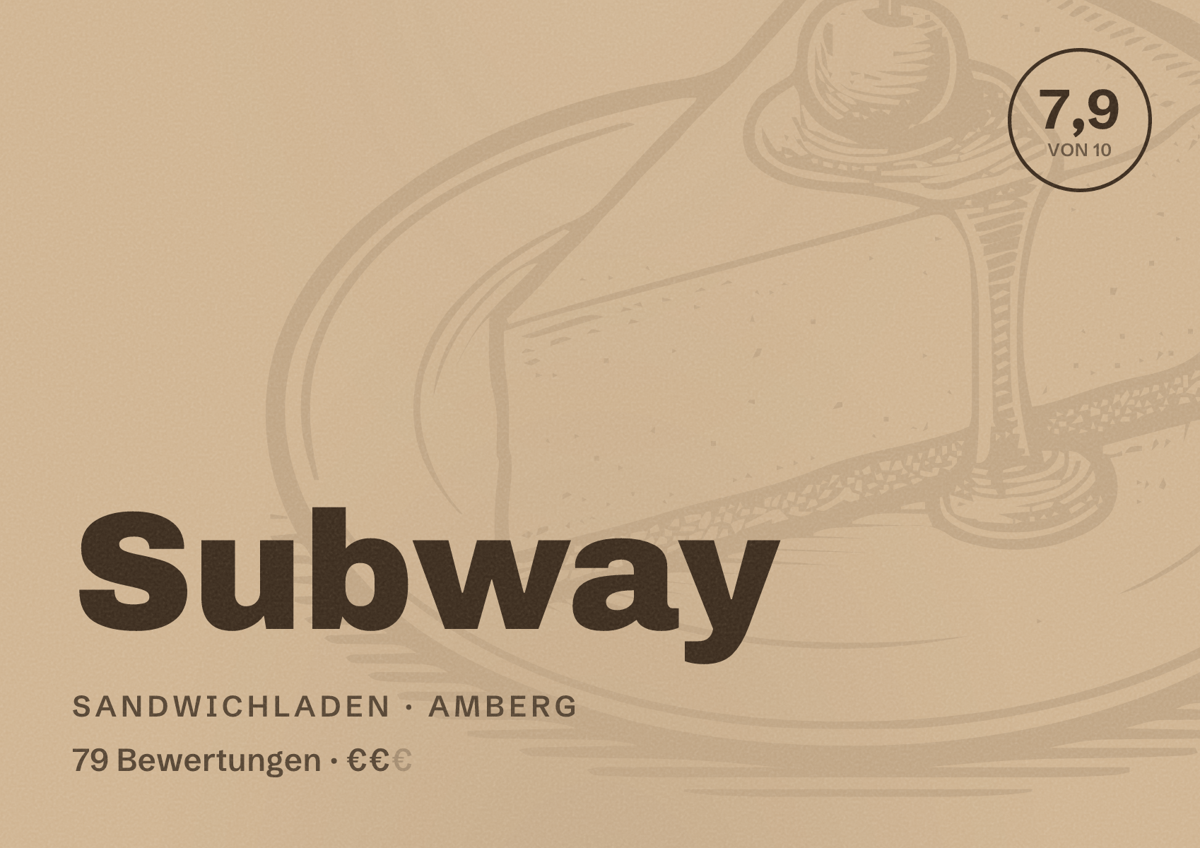 Illustriertes Poster von Subway, Sandwichladen in Amberg: Bewertung 7,9 von 10 aus 79 Bewertungen, Preisniveau €€