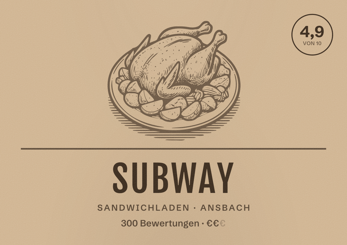 Illustriertes Poster von Subway, Sandwichladen in Ansbach: Bewertung 4,9 von 10 aus 300 Bewertungen, Preisniveau €€