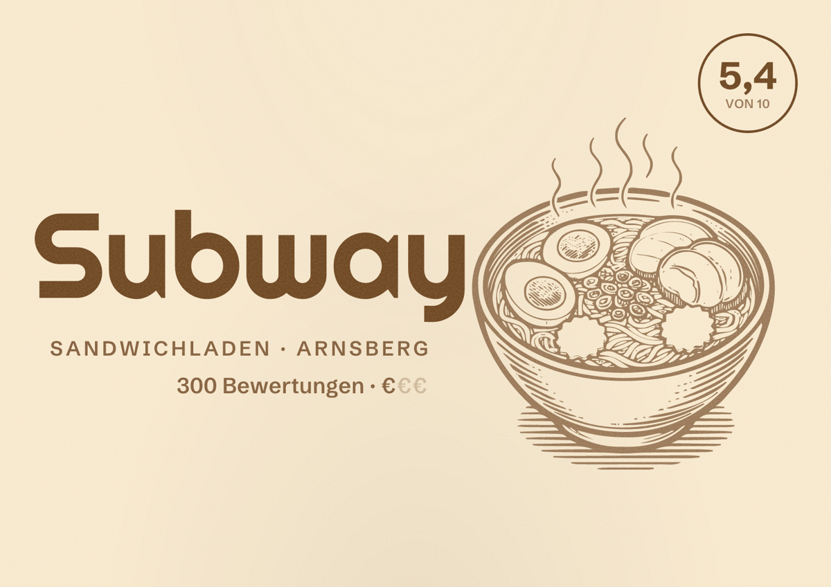Illustriertes Poster von Subway, Sandwichladen in Arnsberg: Bewertung 5,4 von 10 aus 300 Bewertungen, Preisniveau €