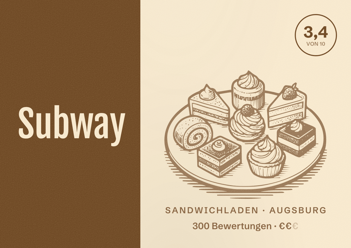 Illustriertes Poster von Subway, Sandwichladen in Augsburg: Bewertung 3,4 von 10 aus 300 Bewertungen, Preisniveau €€