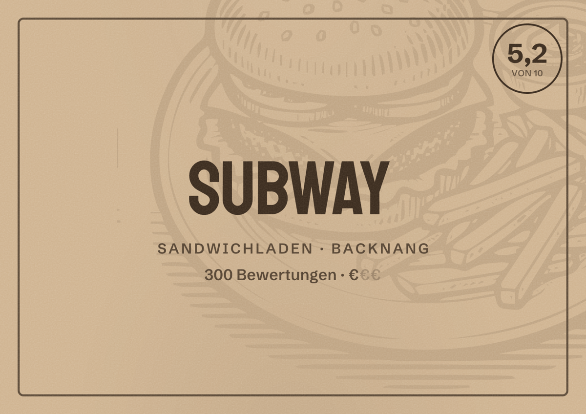 Illustriertes Poster von Subway, Sandwichladen in Backnang: Bewertung 5,2 von 10 aus 300 Bewertungen, Preisniveau €