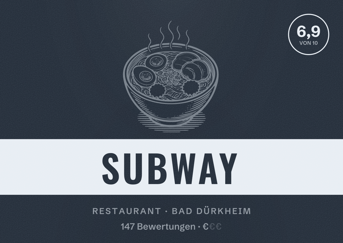 Illustriertes Poster von Subway, Restaurant in Bad Dürkheim: Bewertung 6,9 von 10 aus 147 Bewertungen, Preisniveau €