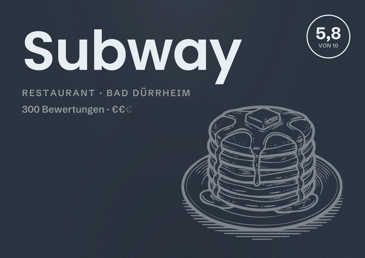 Illustriertes Poster von Subway, Restaurant in Bad Dürrheim: Bewertung 5,8 von 10 aus 300 Bewertungen, Preisniveau €€