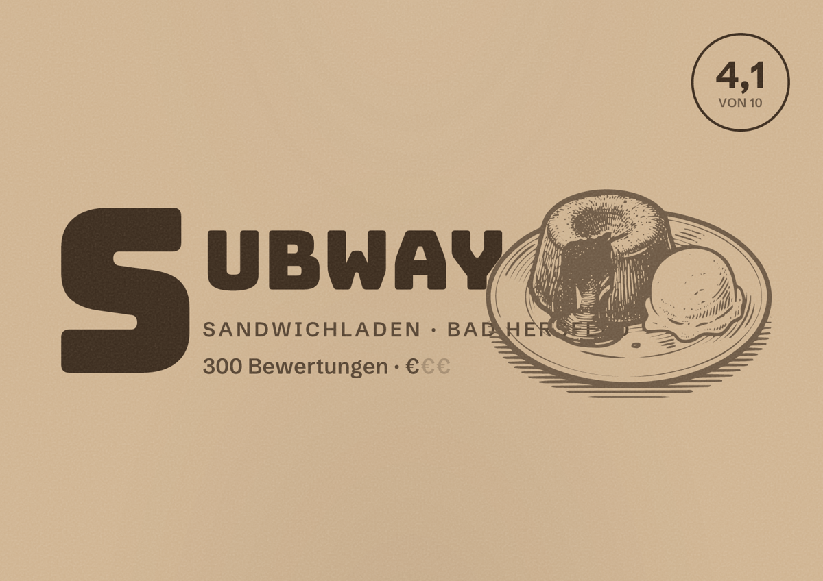 Illustriertes Poster von Subway, Sandwichladen in Bad Hersfeld: Bewertung 4,1 von 10 aus 300 Bewertungen, Preisniveau €