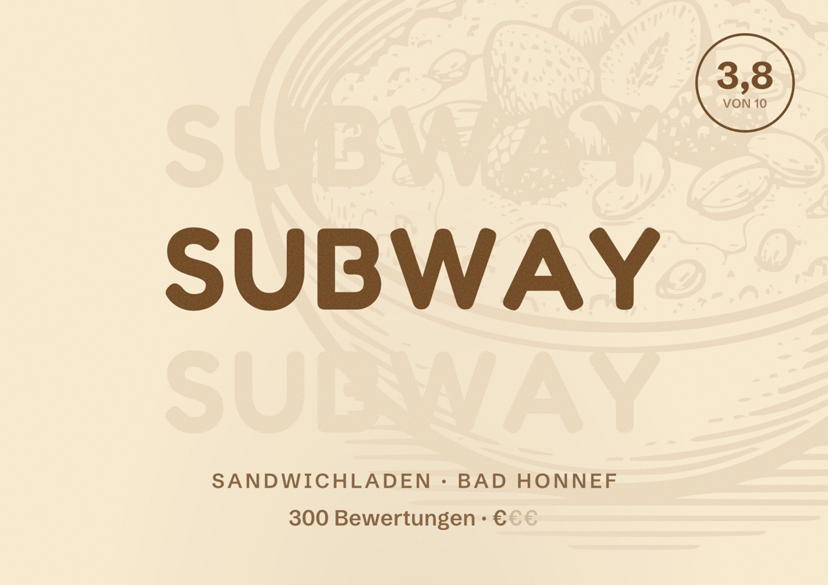 Illustriertes Poster von Subway, Sandwichladen in Bad Honnef: Bewertung 3,8 von 10 aus 300 Bewertungen, Preisniveau €