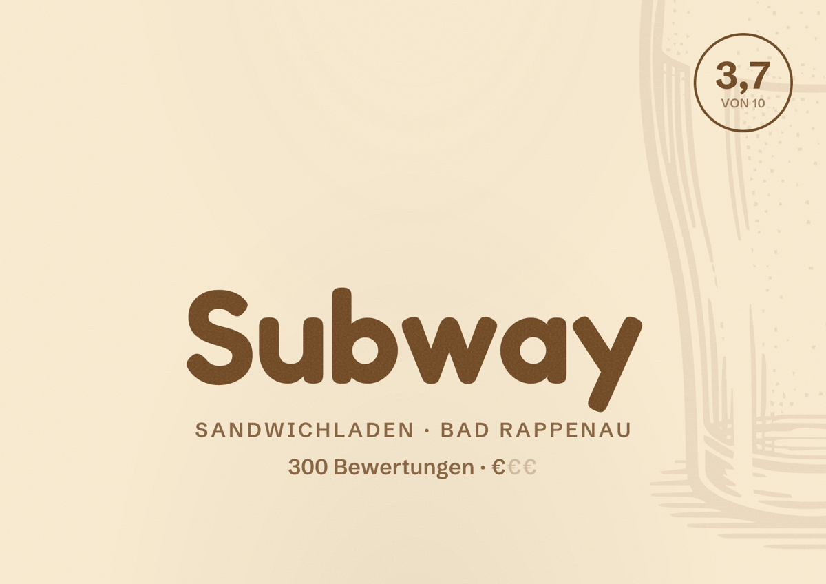 Illustriertes Poster von Subway, Sandwichladen in Bad Rappenau: Bewertung 3,7 von 10 aus 300 Bewertungen, Preisniveau €