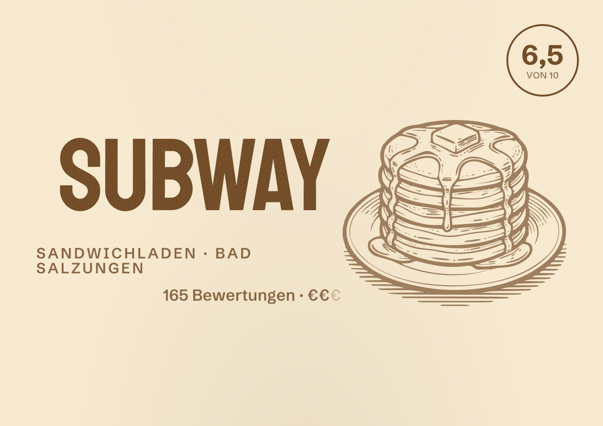 Illustriertes Poster von Subway, Sandwichladen in Bad Salzungen: Bewertung 6,5 von 10 aus 165 Bewertungen, Preisniveau €€