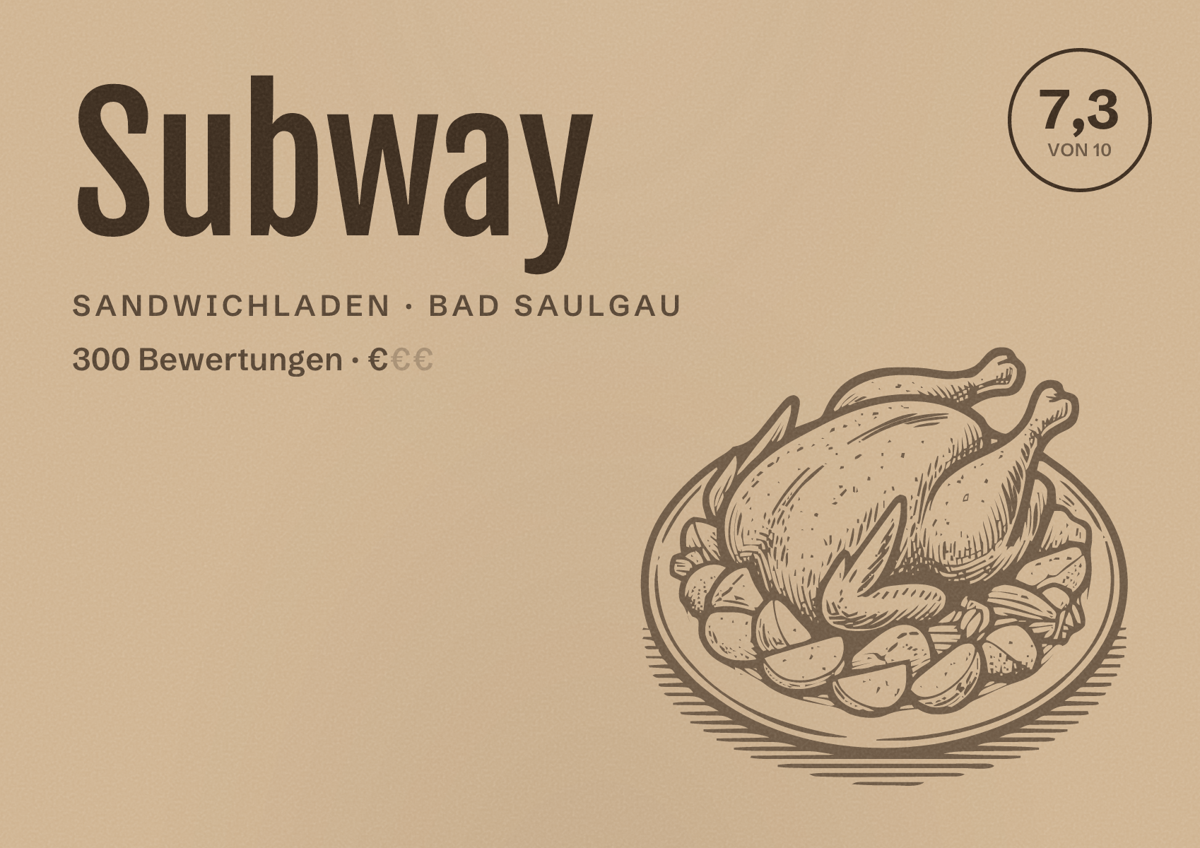 Illustriertes Poster von Subway, Sandwichladen in Bad Saulgau: Bewertung 7,3 von 10 aus 300 Bewertungen, Preisniveau €