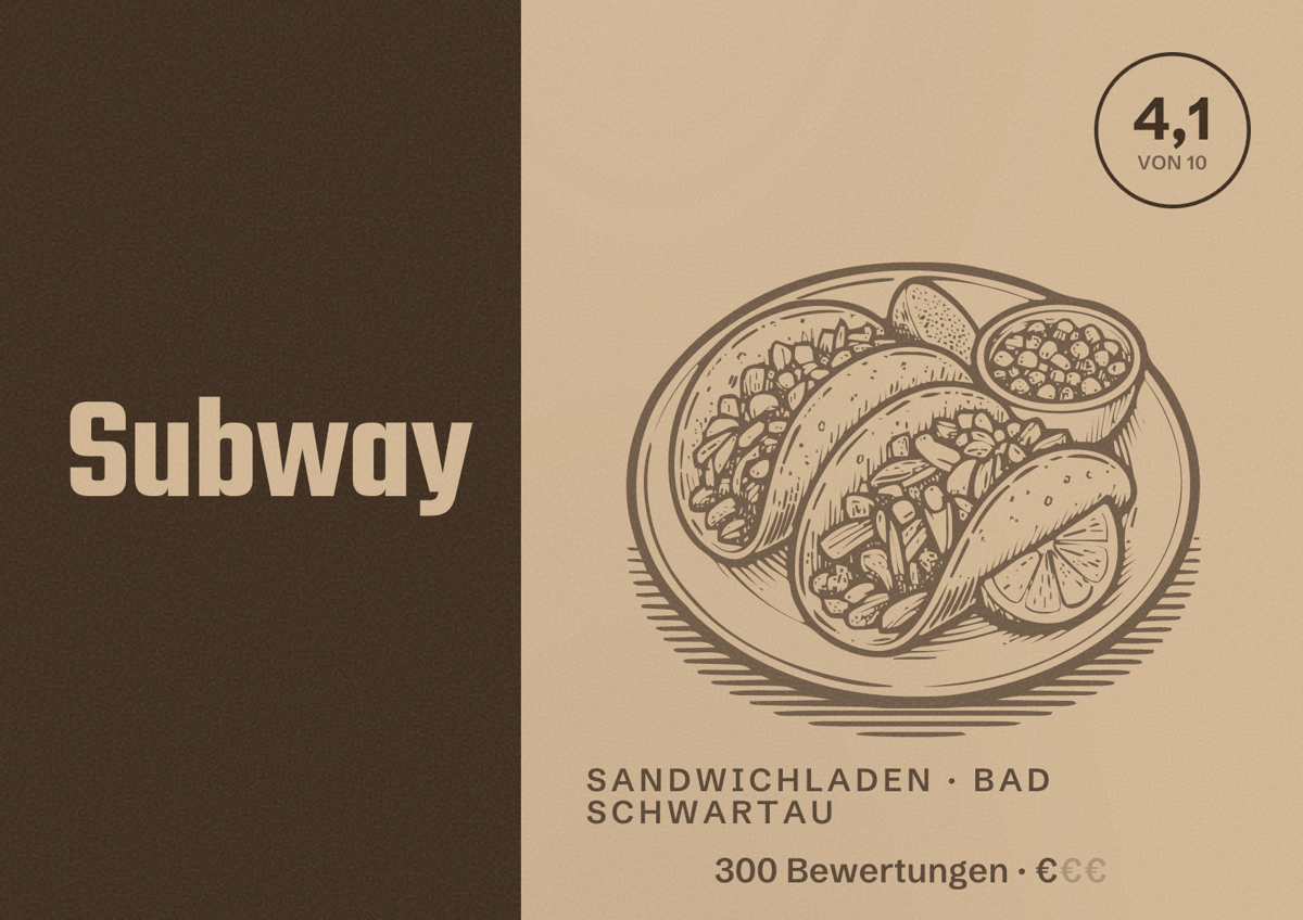 Illustriertes Poster von Subway, Sandwichladen in Bad Schwartau: Bewertung 4,1 von 10 aus 300 Bewertungen, Preisniveau €
