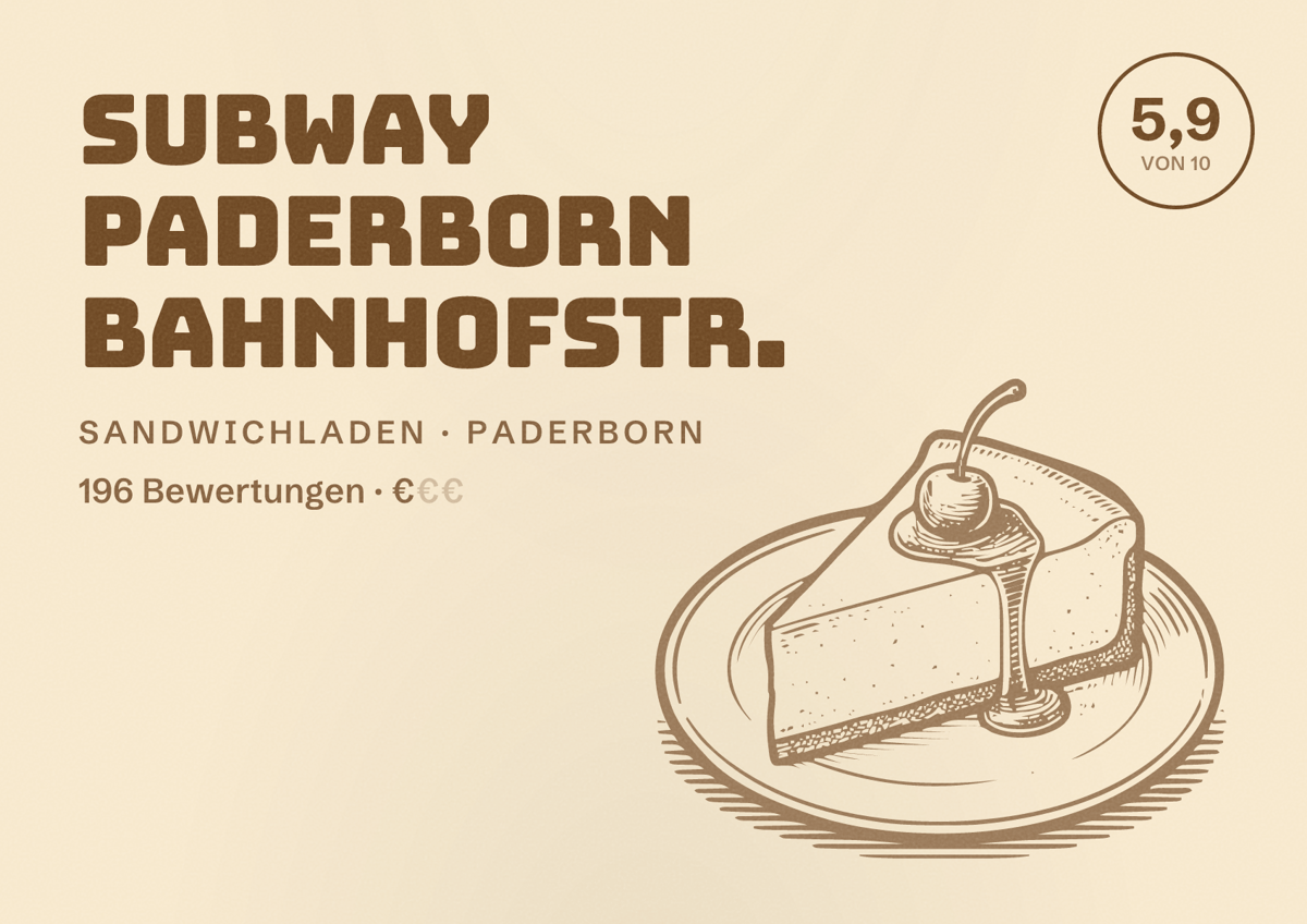 Illustriertes Poster von Subway Paderborn Bahnhofstr., Sandwichladen in Paderborn: Bewertung 5,9 von 10 aus 196 Bewertungen, Preisniveau €