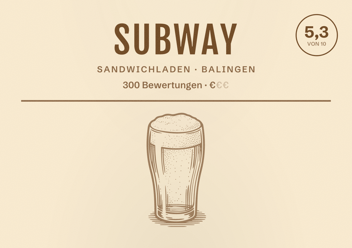 Illustriertes Poster von Subway, Sandwichladen in Balingen: Bewertung 5,3 von 10 aus 300 Bewertungen, Preisniveau €