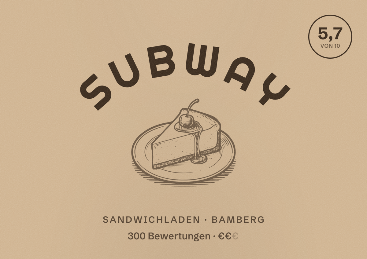 Illustriertes Poster von Subway, Sandwichladen in Bamberg: Bewertung 5,7 von 10 aus 300 Bewertungen, Preisniveau €€