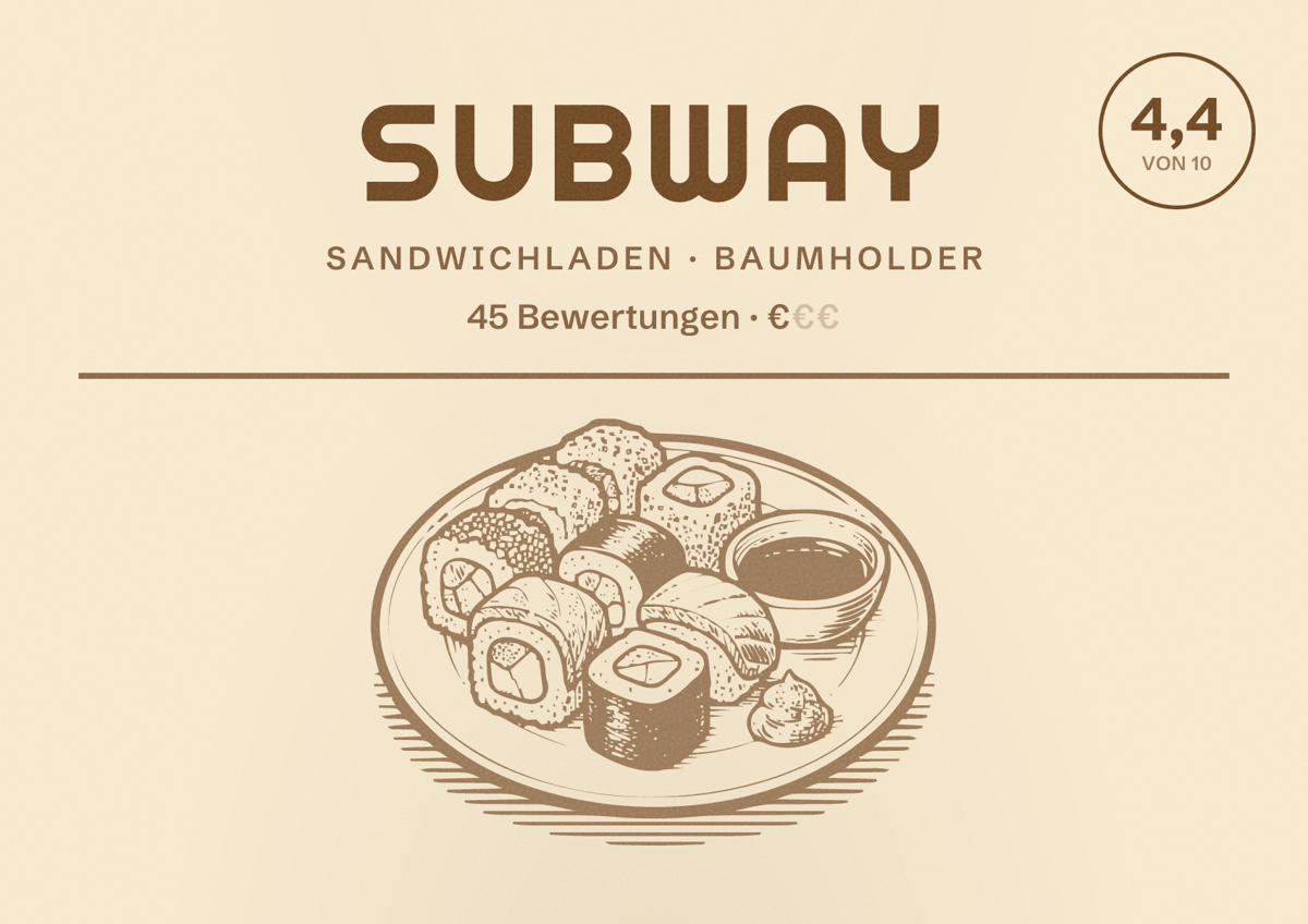 Illustriertes Poster von Subway, Sandwichladen in Baumholder: Bewertung 4,4 von 10 aus 45 Bewertungen, Preisniveau €