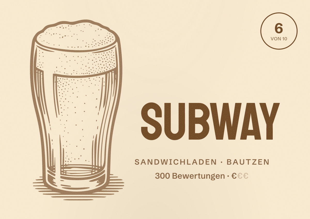 Illustriertes Poster von Subway, Sandwichladen in Bautzen: Bewertung 6 von 10 aus 300 Bewertungen, Preisniveau €