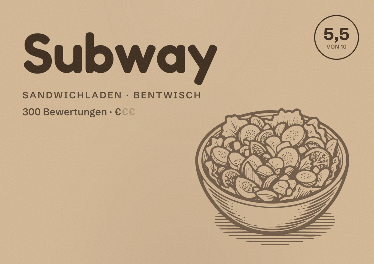 Illustriertes Poster von Subway, Sandwichladen in Bentwisch: Bewertung 5,5 von 10 aus 300 Bewertungen, Preisniveau €