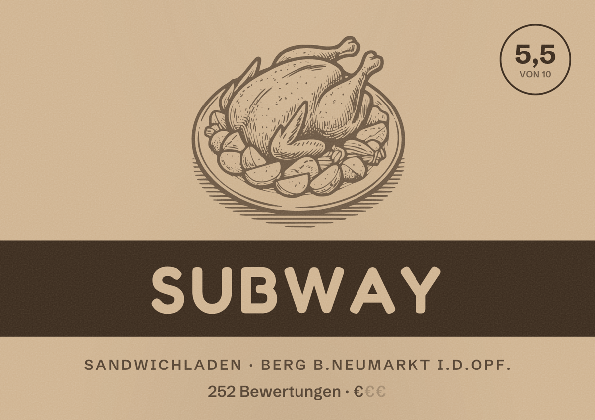 Illustriertes Poster von Subway, Sandwichladen in Berg b.Neumarkt i.d.OPf.: Bewertung 5,5 von 10 aus 252 Bewertungen, Preisniveau €