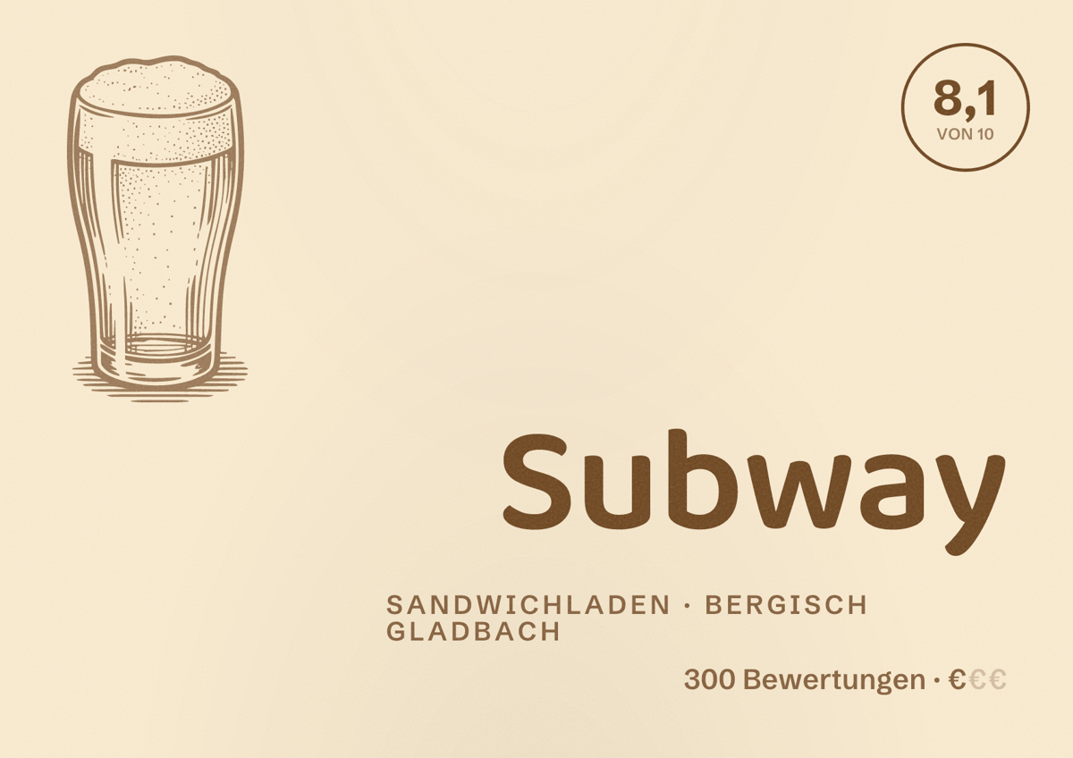 Illustriertes Poster von Subway, Sandwichladen in Bergisch Gladbach: Bewertung 8,1 von 10 aus 300 Bewertungen, Preisniveau €