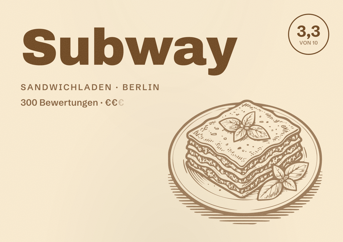 Illustriertes Poster von Subway, Sandwichladen in Berlin: Bewertung 3,3 von 10 aus 300 Bewertungen, Preisniveau €€