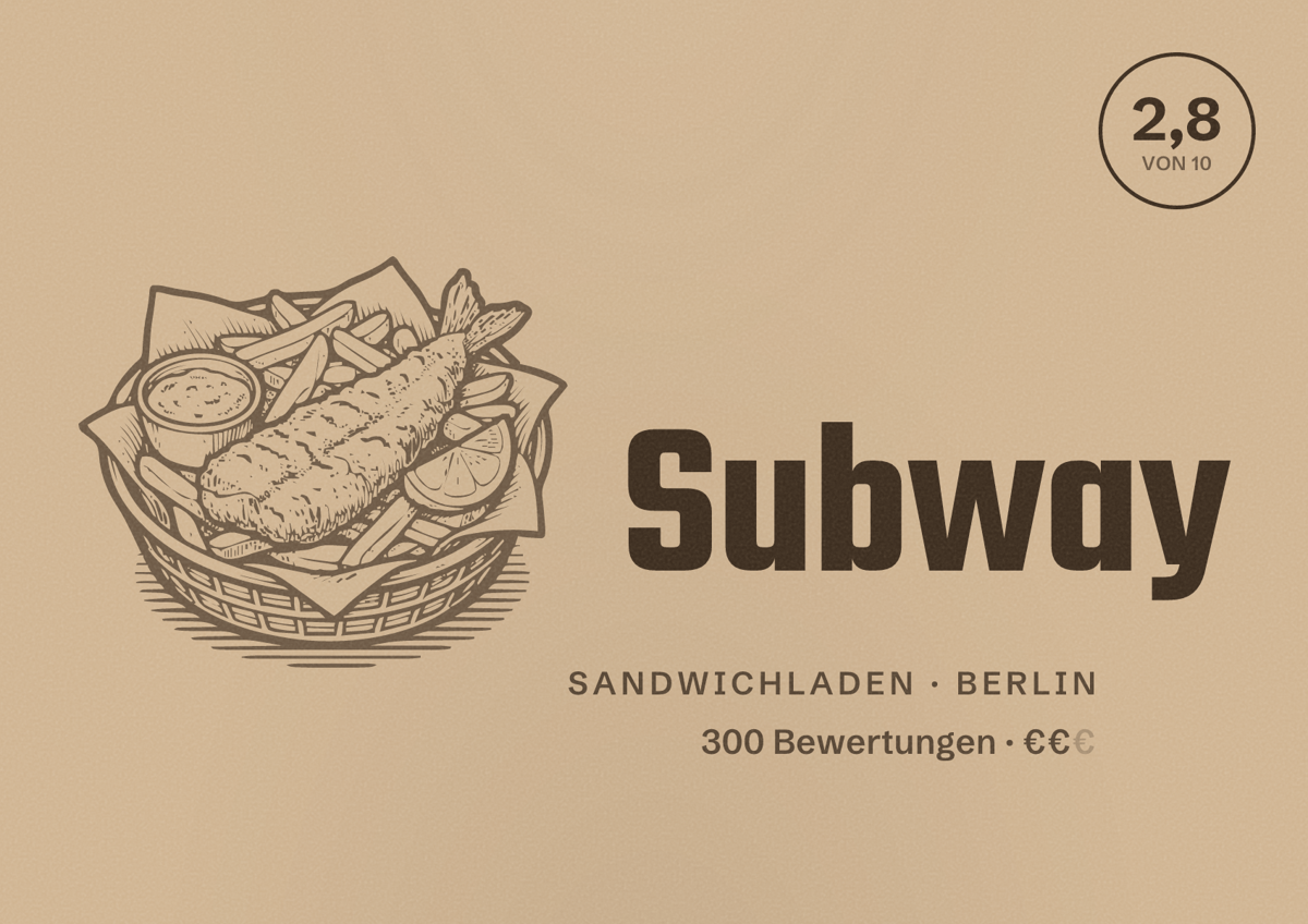 Illustriertes Poster von Subway, Sandwichladen in Berlin: Bewertung 2,8 von 10 aus 300 Bewertungen, Preisniveau €€