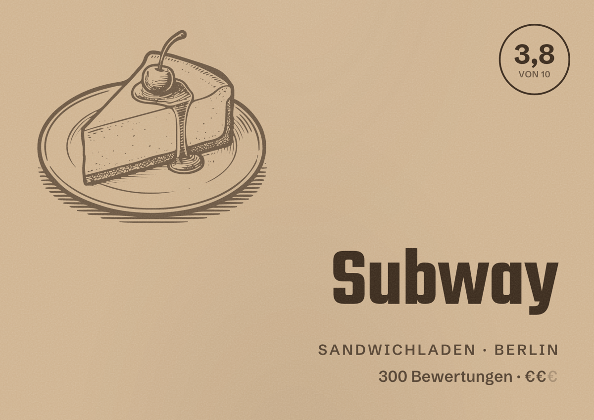 Illustriertes Poster von Subway, Sandwichladen in Berlin: Bewertung 3,8 von 10 aus 300 Bewertungen, Preisniveau €€