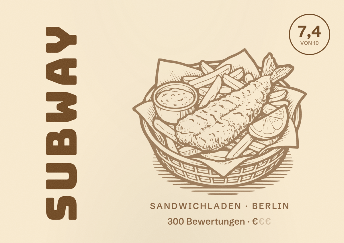 Illustriertes Poster von Subway, Sandwichladen in Berlin: Bewertung 7,4 von 10 aus 300 Bewertungen, Preisniveau €