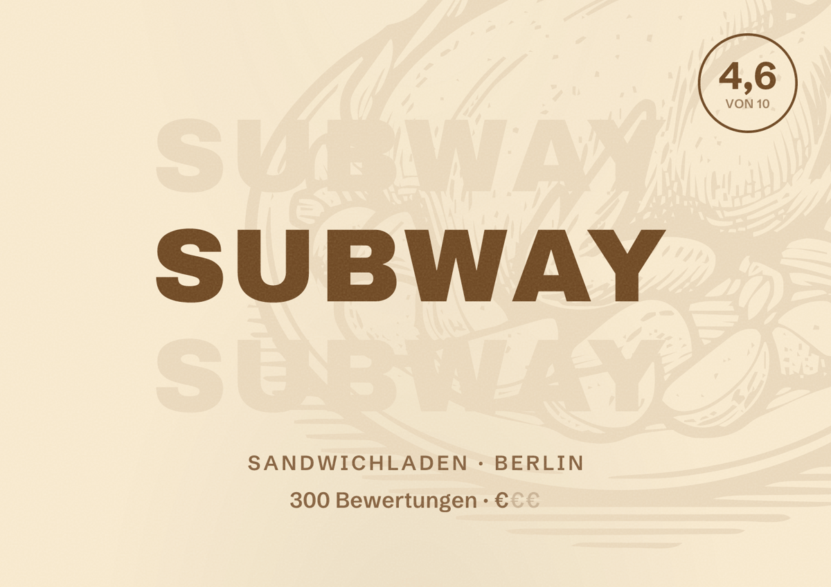 Illustriertes Poster von Subway, Sandwichladen in Berlin: Bewertung 4,6 von 10 aus 300 Bewertungen, Preisniveau €