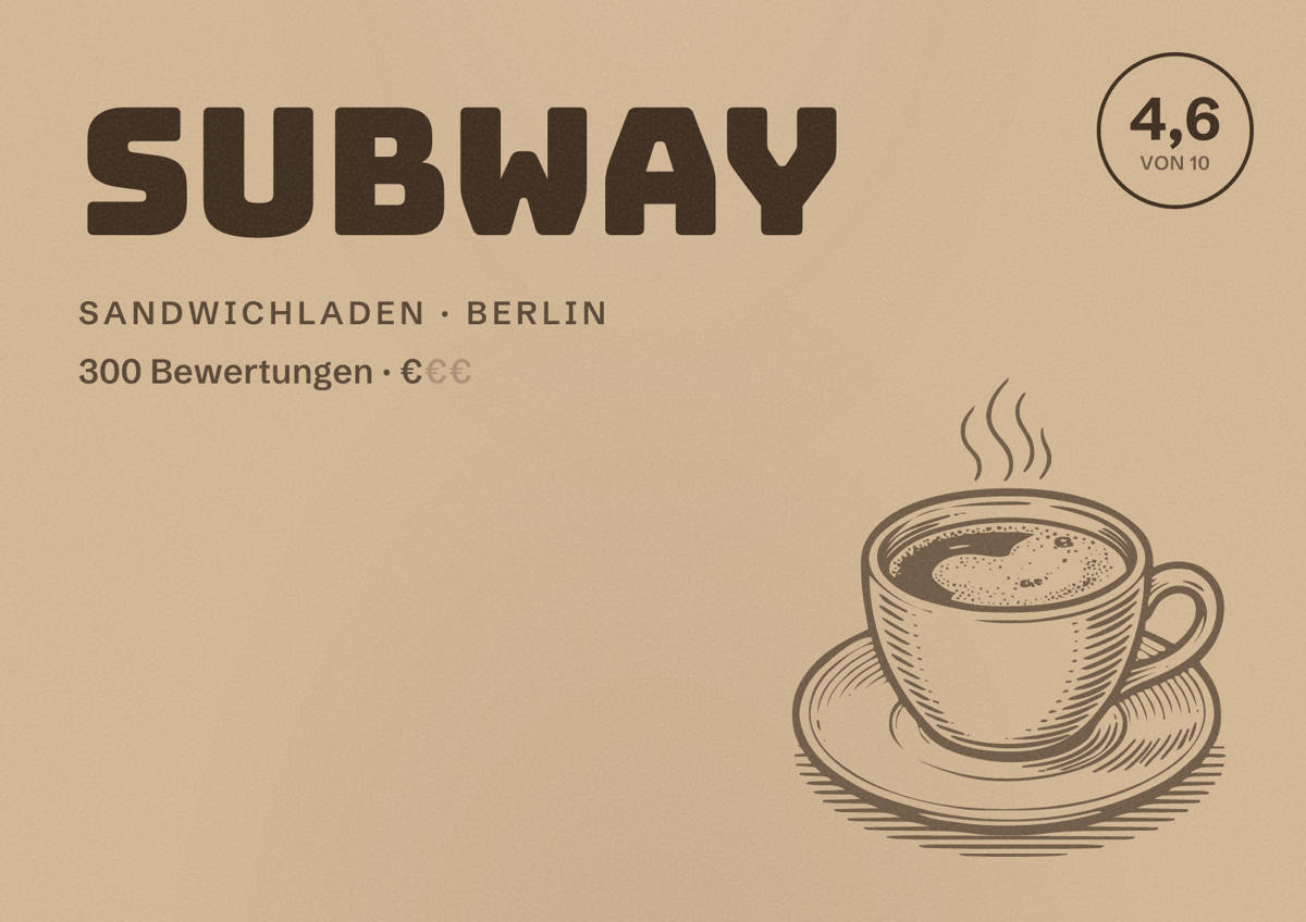 Illustriertes Poster von Subway, Sandwichladen in Berlin: Bewertung 4,6 von 10 aus 300 Bewertungen, Preisniveau €