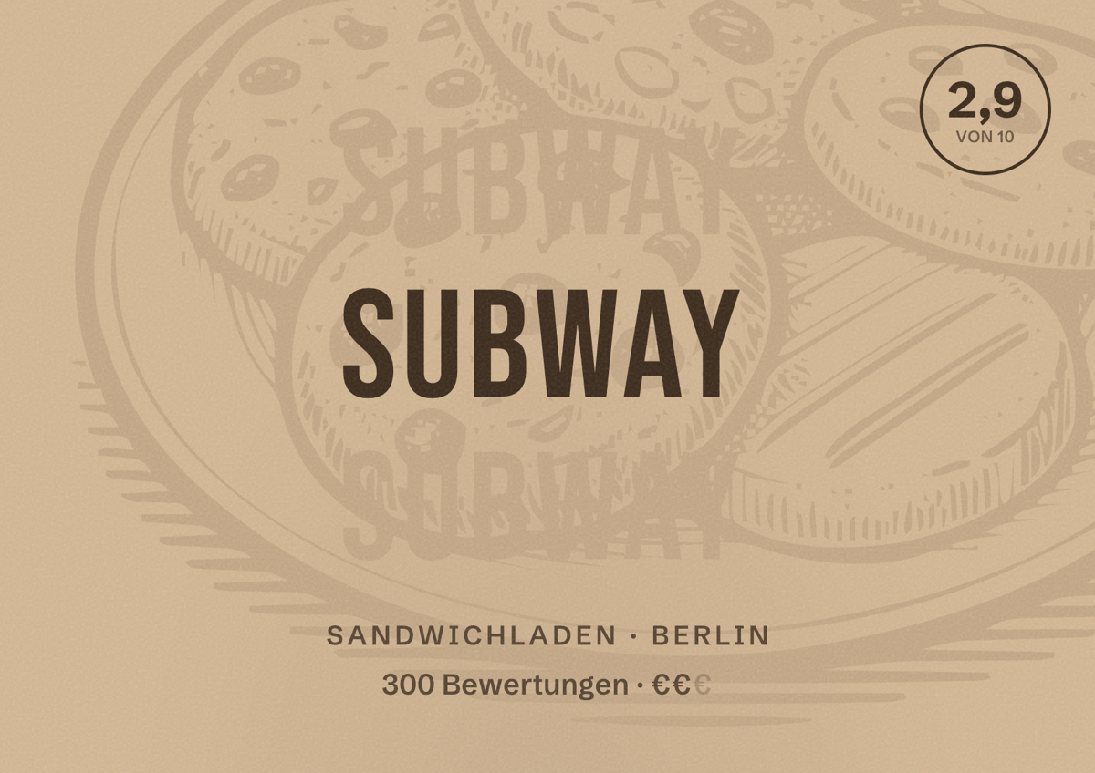 Illustriertes Poster von Subway, Sandwichladen in Berlin: Bewertung 2,9 von 10 aus 300 Bewertungen, Preisniveau €€