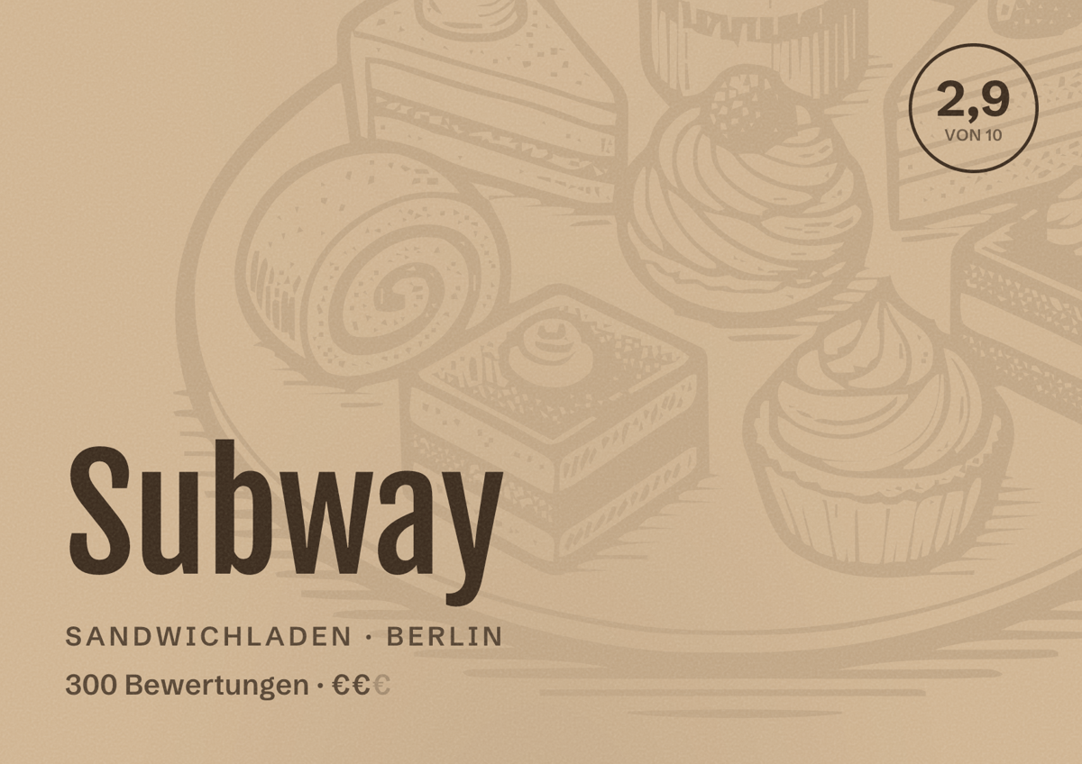 Illustriertes Poster von Subway, Sandwichladen in Berlin: Bewertung 2,9 von 10 aus 300 Bewertungen, Preisniveau €€