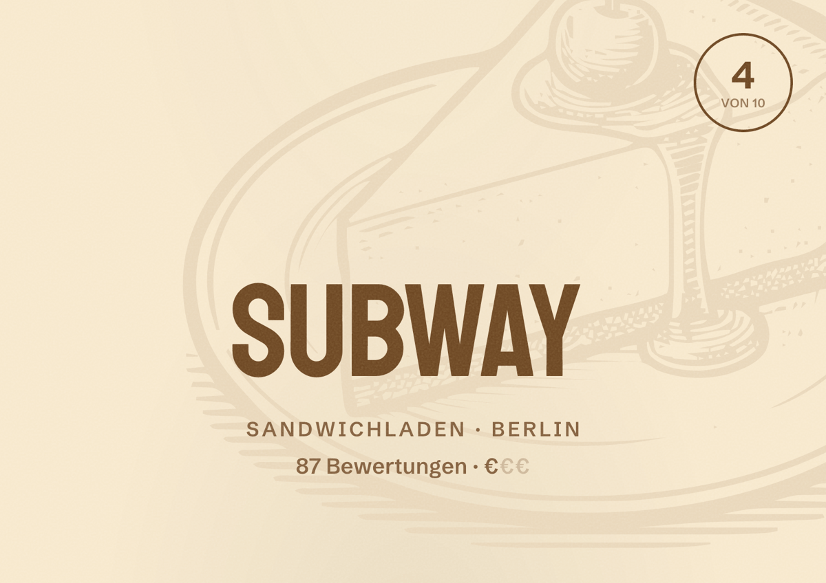Illustriertes Poster von Subway, Sandwichladen in Berlin: Bewertung 4,0 von 10 aus 87 Bewertungen, Preisniveau €